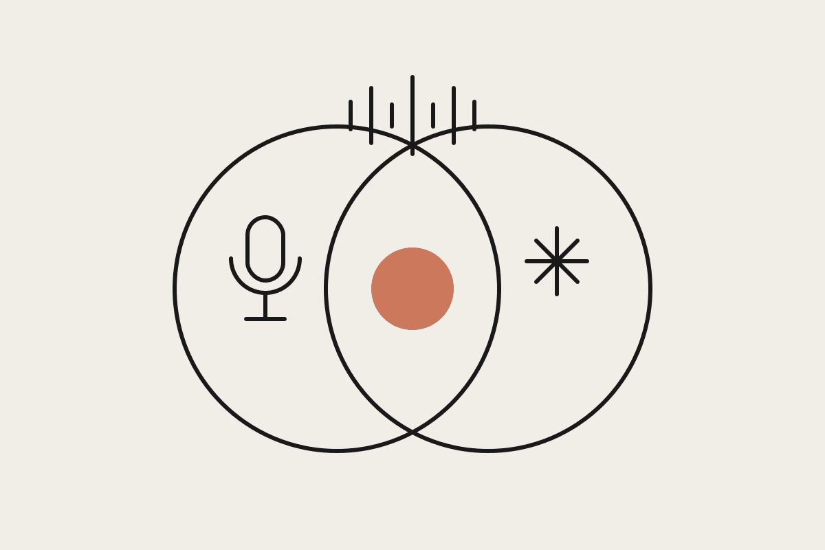 Notebook sketch of two overlapping circles where meeting transcription tools and Claude meet, with a microphone and a reasoning spark