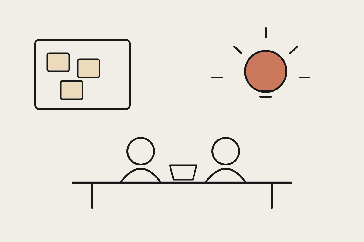 Notebook sketch of two people building at a table beside a whiteboard of sticky notes and a glowing idea lightbulb