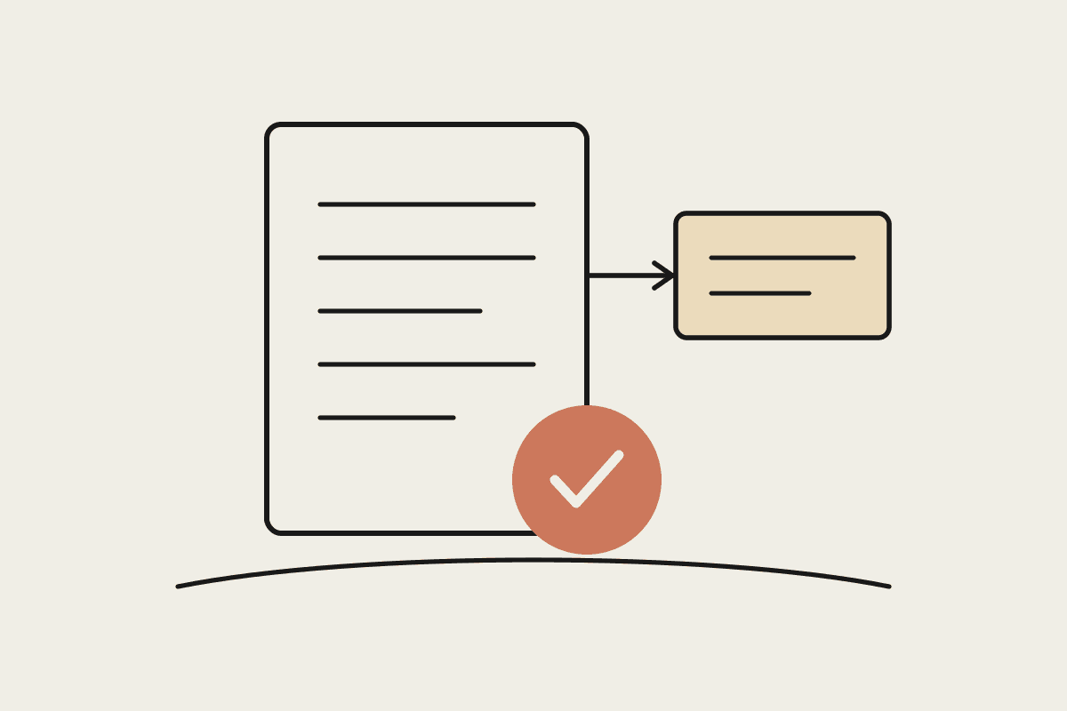Notebook-style drawing of a model licence document with a tick and a linked artifact card