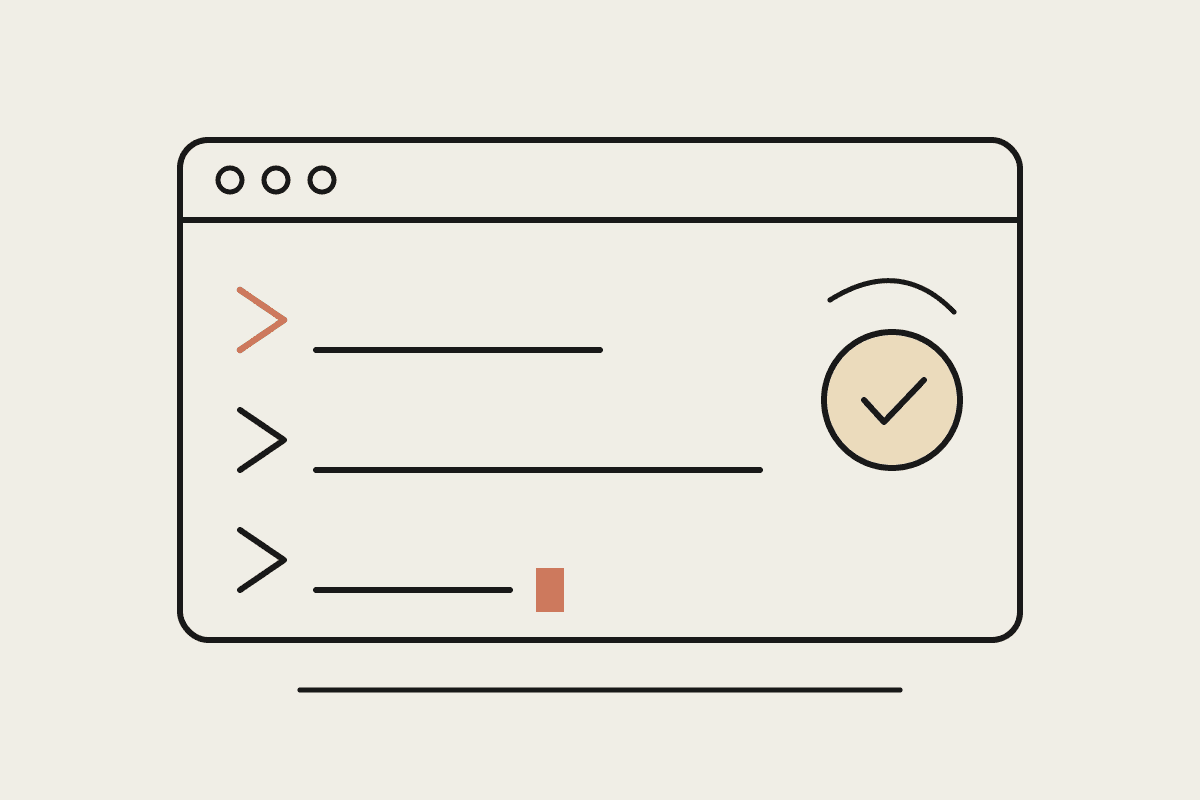 Notebook-style drawing of a terminal window running chained commands beside a checkmark