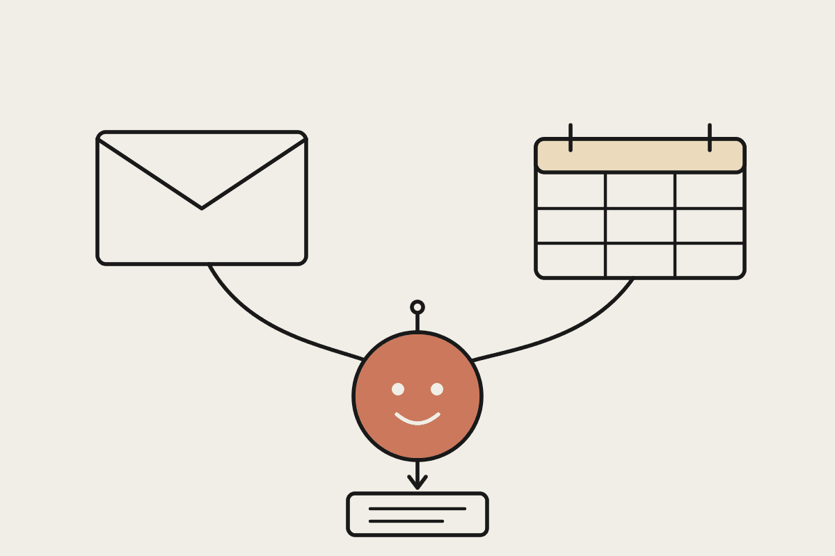 Notebook-style illustration: an Outlook envelope and a Microsoft 365 calendar feeding into a friendly terracotta Claude agent that produces an organised stack of output.