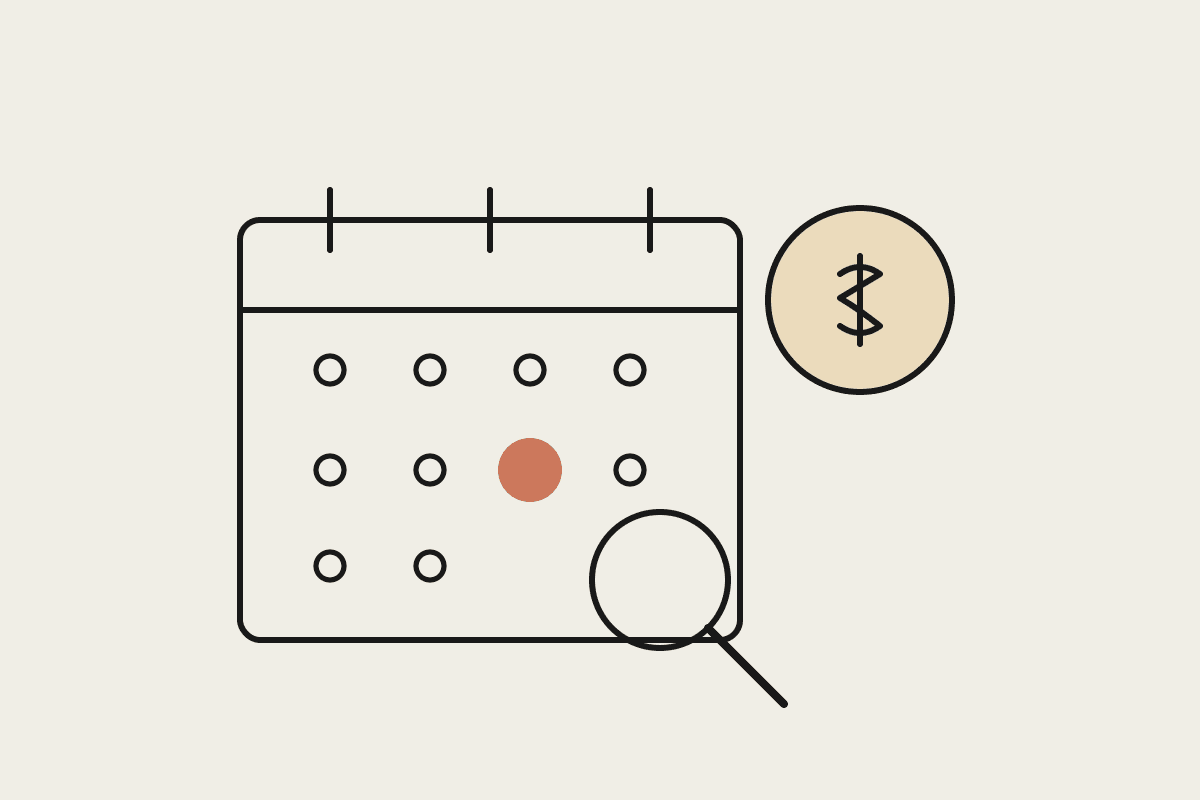 Notebook-style illustration of a calendar with a circled deadline, a grant dollar coin, and a magnifying glass