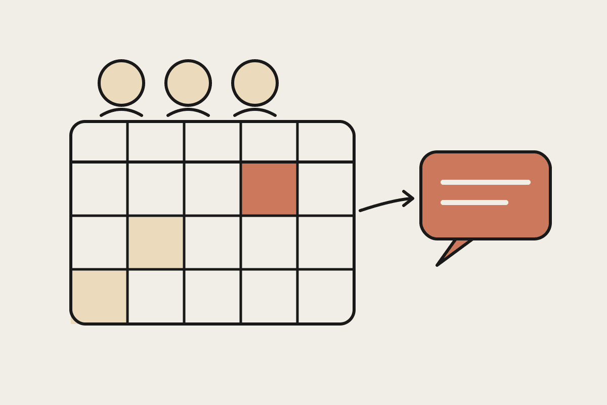 Notebook-style illustration of a clinic roster board linked to a communications message bubble