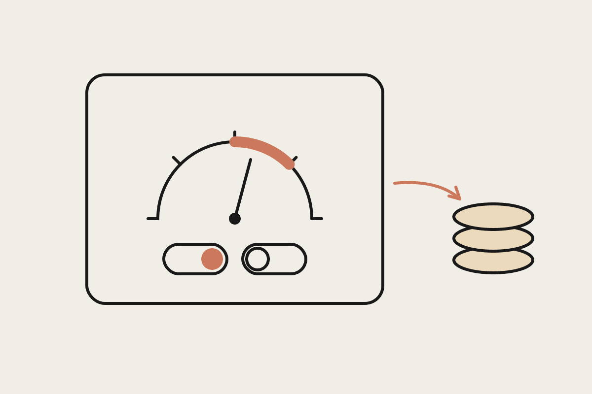 Notebook-style illustration of a control panel gauge with a terracotta safe zone, two toggle switches and a stack of coins