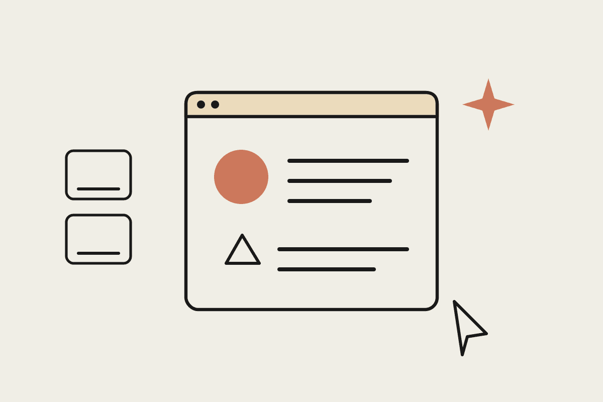 Notebook-style illustration of a design canvas with a graphic, text lines, a pen and output cards