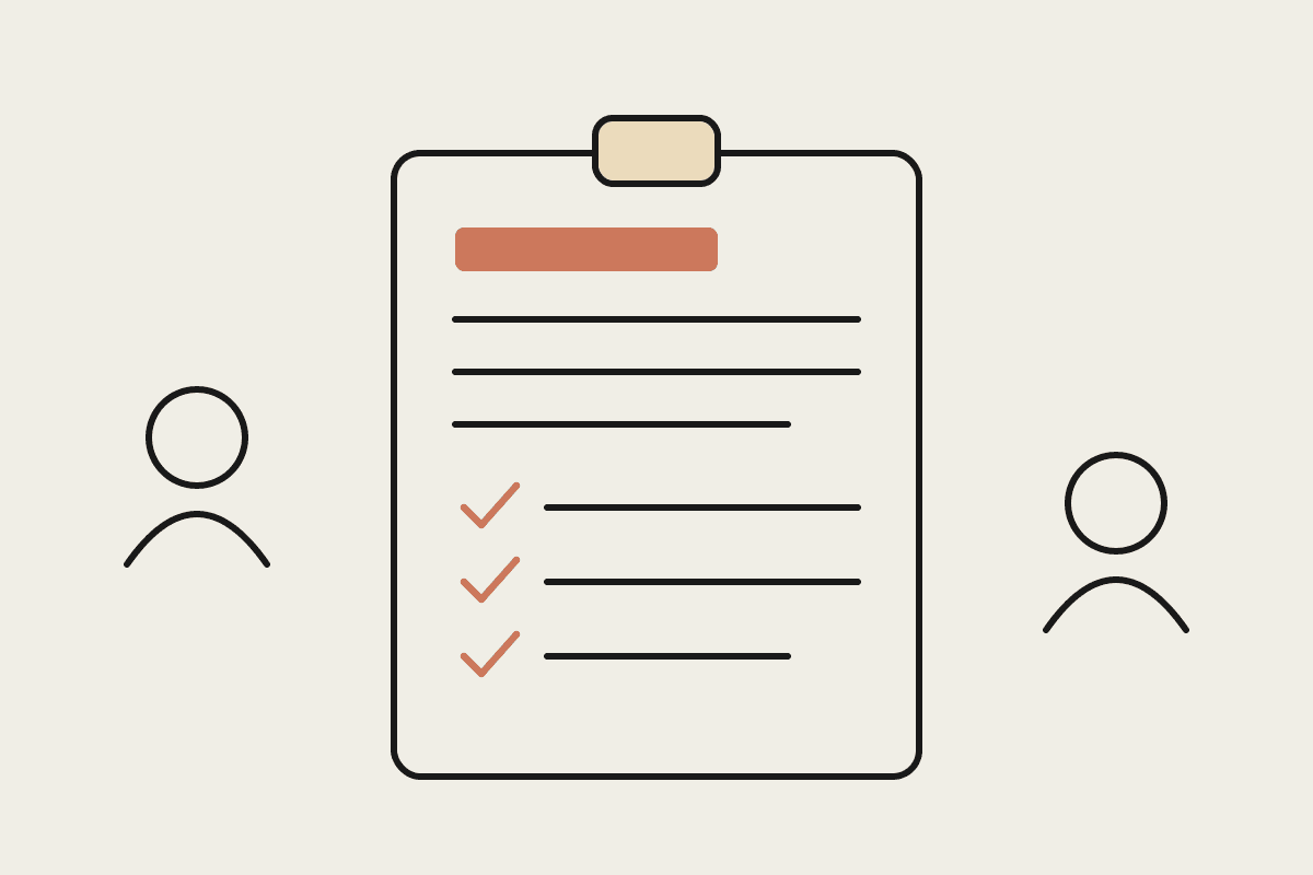 Notebook-style illustration of a job ad on a clipboard with checklist ticks and two candidate figures