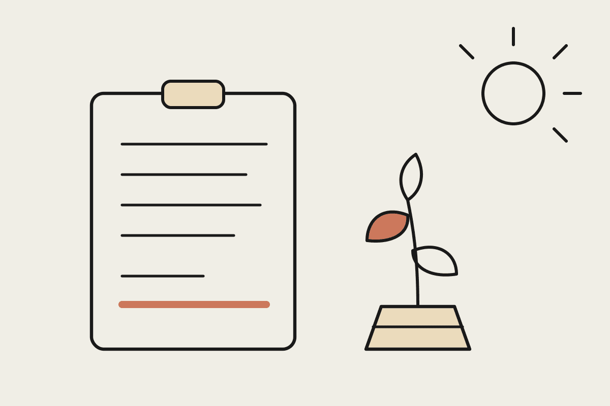 Notebook-style illustration of a landscaping quote on a clipboard beside a potted plant and a seasonal sun