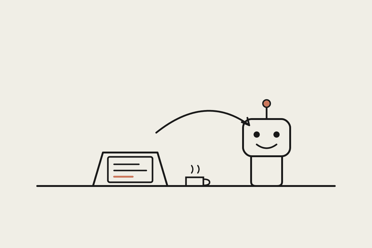 Notebook-style illustration of a laptop and a friendly Claude robot working together at a desk, joined by a looping arrow
