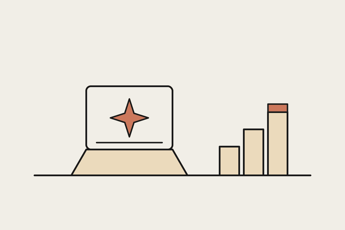 Notebook-style illustration of a laptop showing the Claude spark beside a rising cost comparison chart