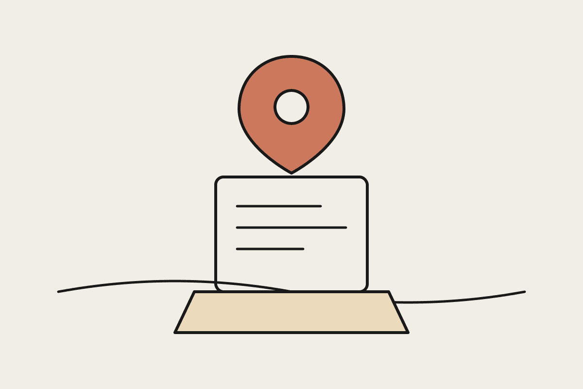 Notebook-style illustration of a location pin dropping onto a laptop, representing Claude Cowork setup for a Geelong business.