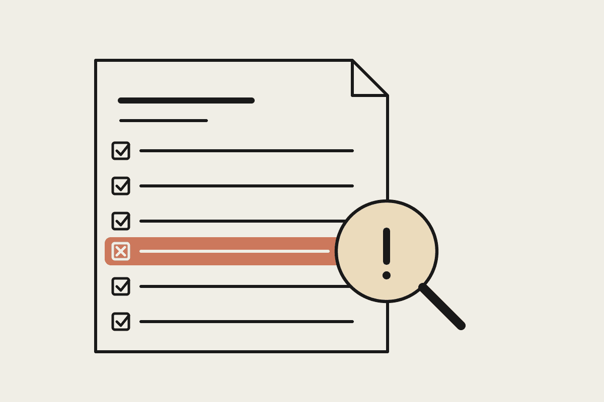 Notebook-style illustration of a magnifying glass reviewing a BAS ledger, with one miscoded GST line highlighted in terracotta