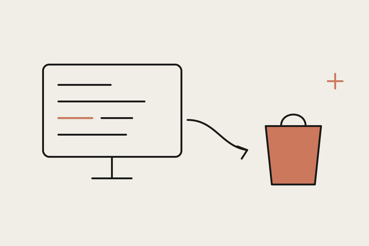 Notebook-style illustration of a monitor with code lines flowing into a terracotta shopping bag
