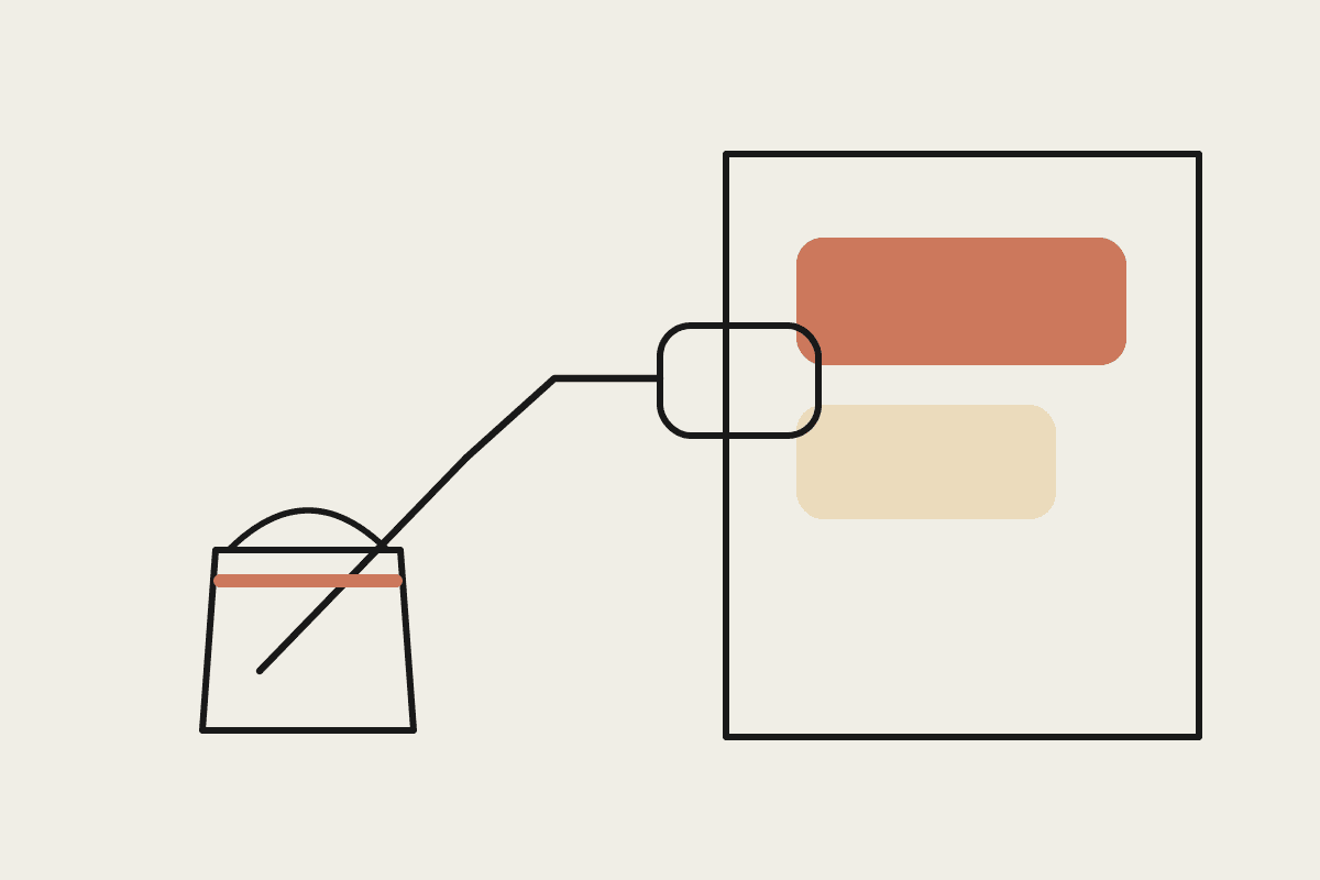 Notebook-style illustration of a paint roller, a wall with a fresh terracotta paint stroke, and a paint tin