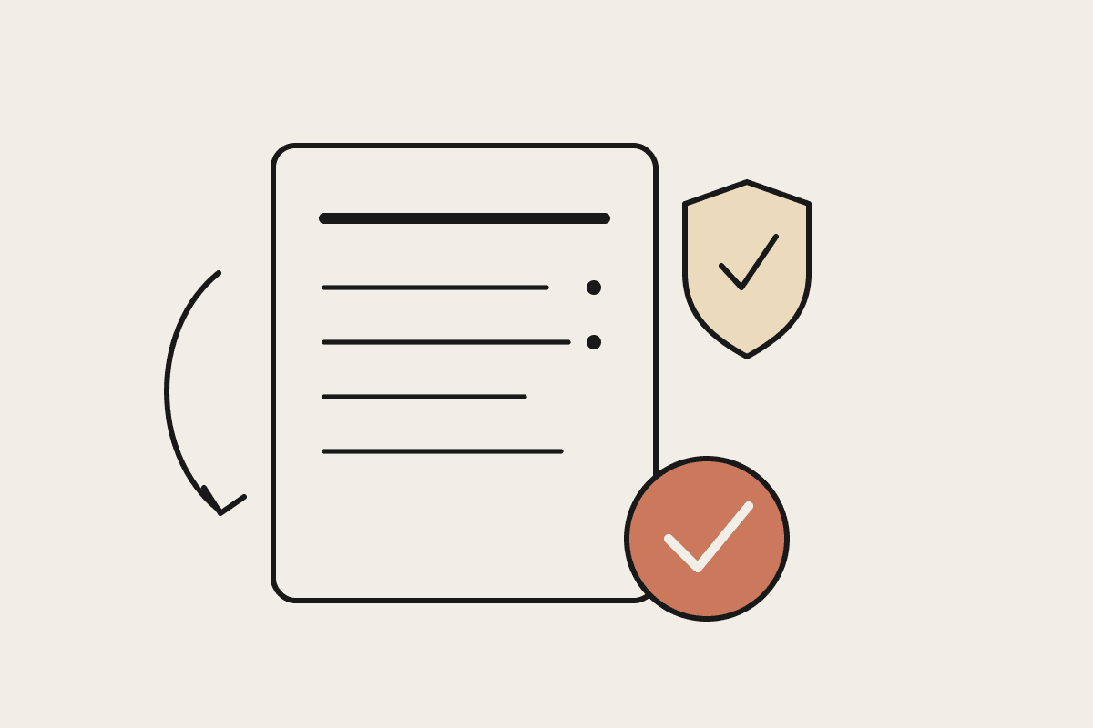 Notebook-style illustration of a payroll run sheet with a tan compliance shield and a terracotta human-approval tick