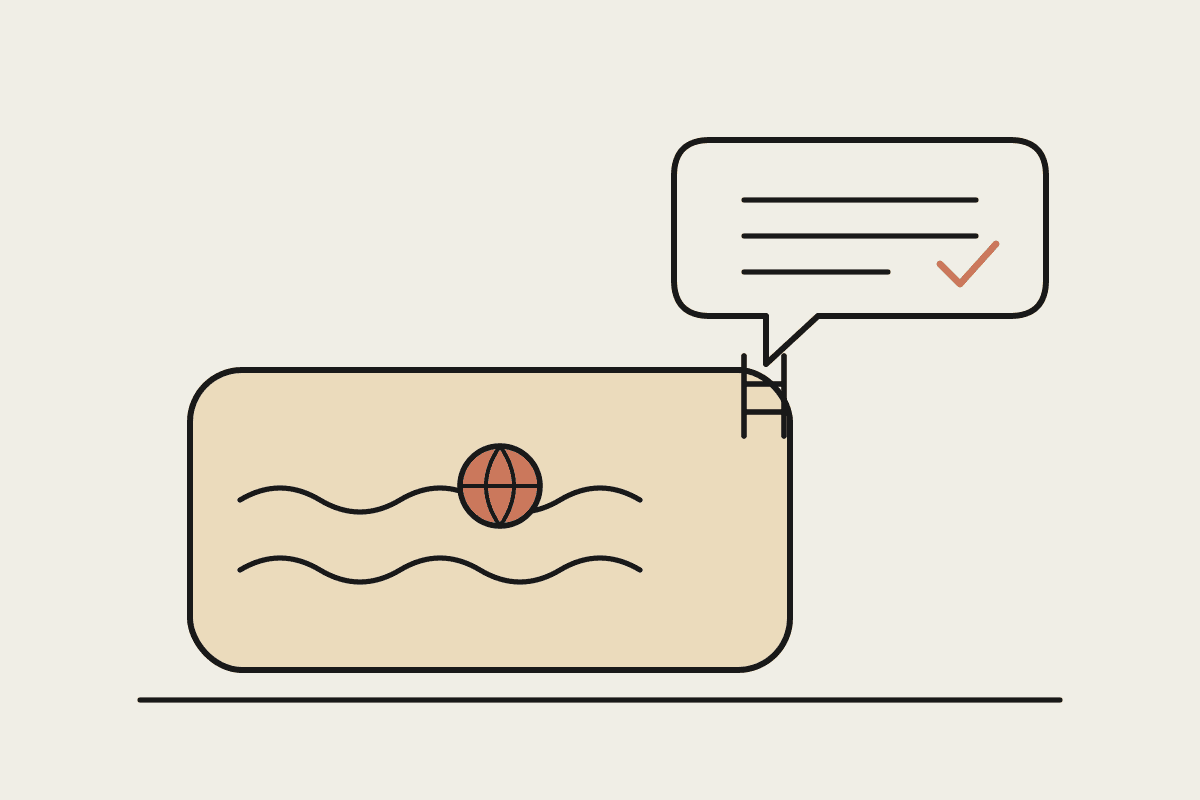 Notebook-style illustration of a pool with a speech bubble showing a completed handover tick