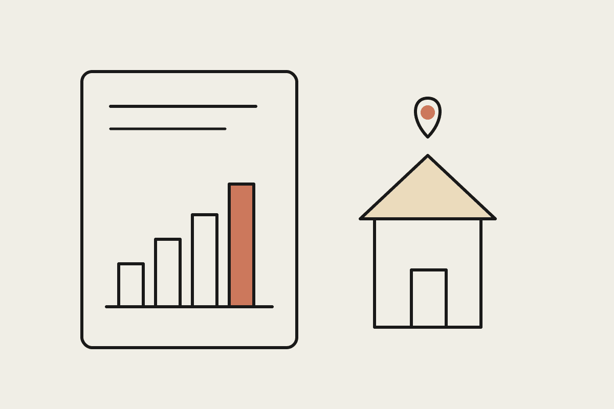 Notebook-style illustration of a property market report with a rising bar chart and a house with a location pin