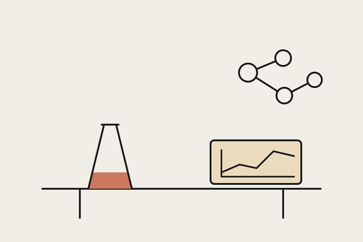 Notebook-style illustration of a research workbench with a lab flask, a molecule model, and a reproducible data figure, in cream, ink and terracotta.
