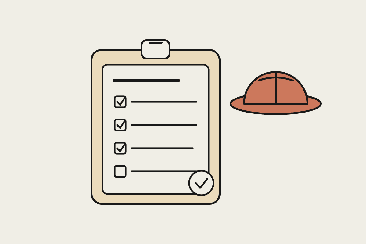 Notebook-style illustration of a safety checklist on a clipboard beside a terracotta hard hat