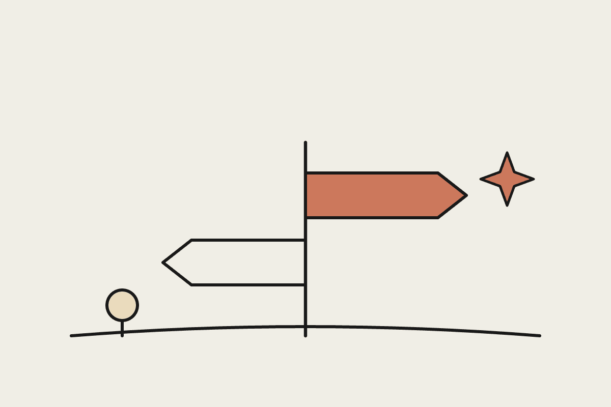 Notebook-style illustration of a signpost with two direction arrows, the chosen path highlighted in terracotta