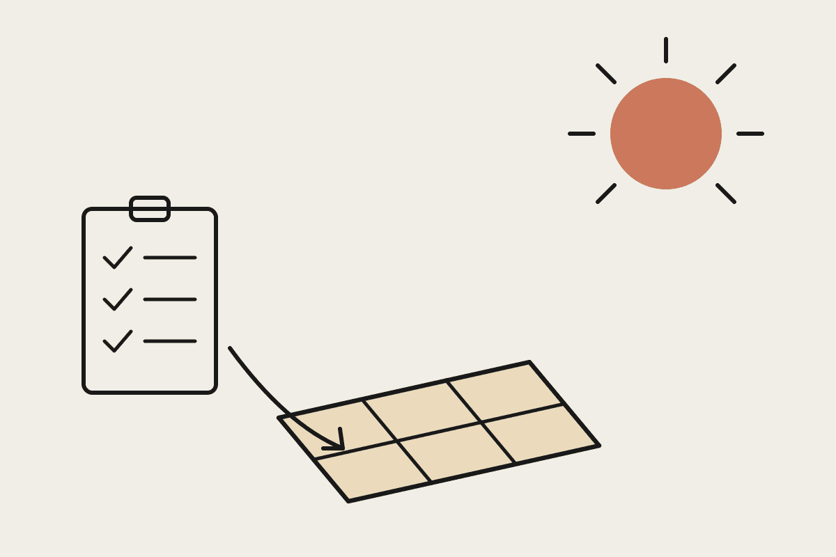 Notebook-style illustration of a solar-panelled roof under a terracotta sun, with a checklist clipboard beside it.