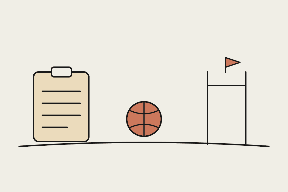Notebook-style illustration of a sports ball, clipboard and goal posts on a community oval