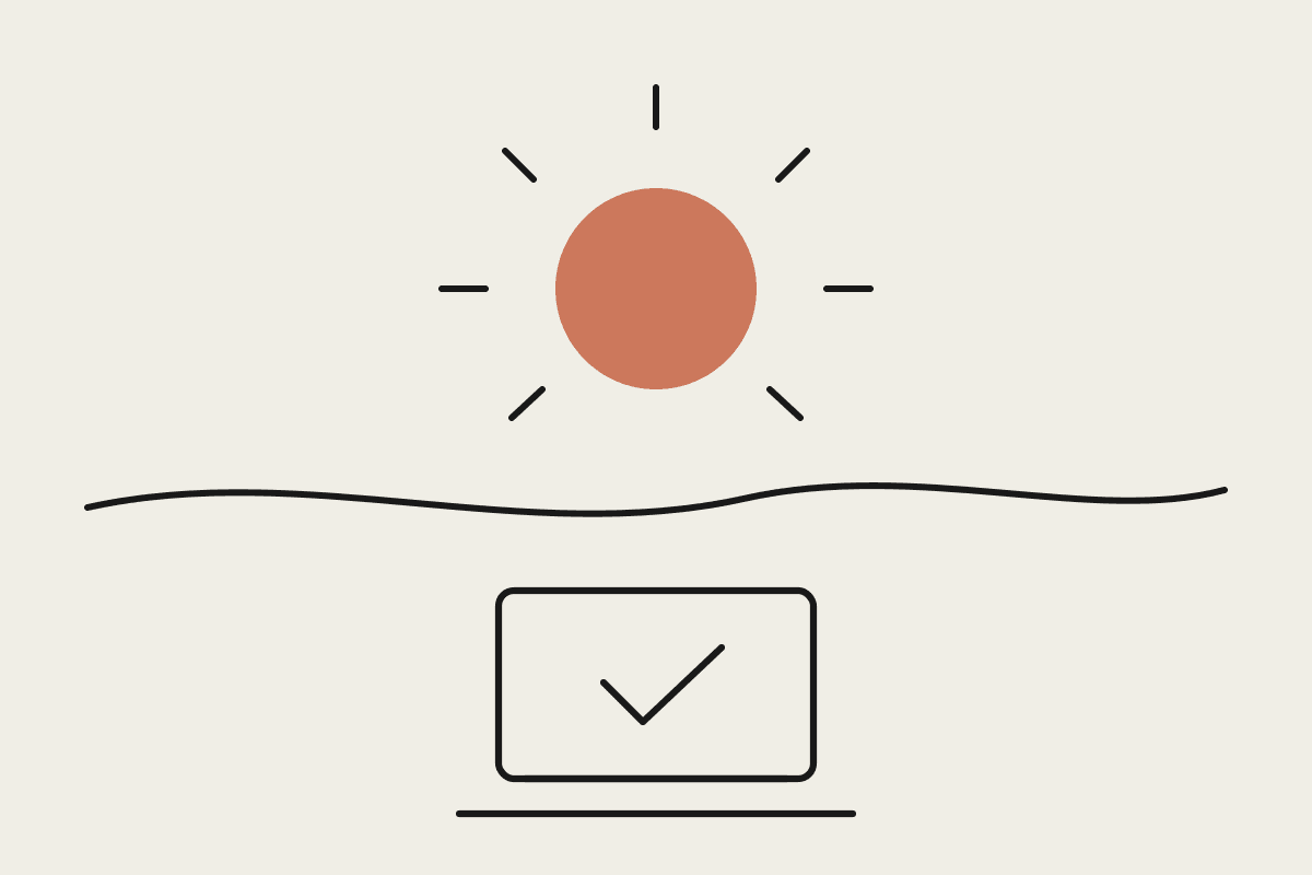 Notebook-style illustration of a sun over a coastline above a laptop with a tick on its screen, for a Sunshine Coast Claude Cowork setup