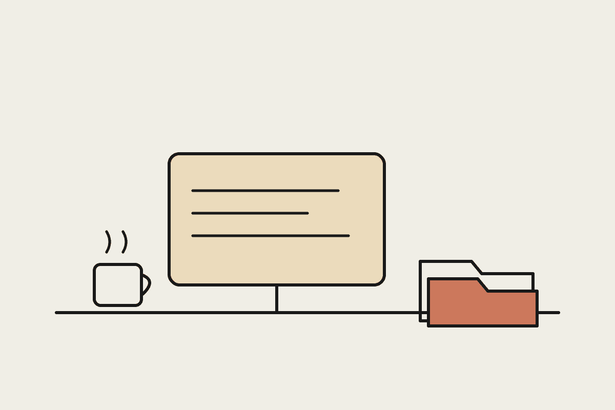 Notebook-style illustration of a tidy Cowork desk with a monitor, neatly filed folders and a coffee mug
