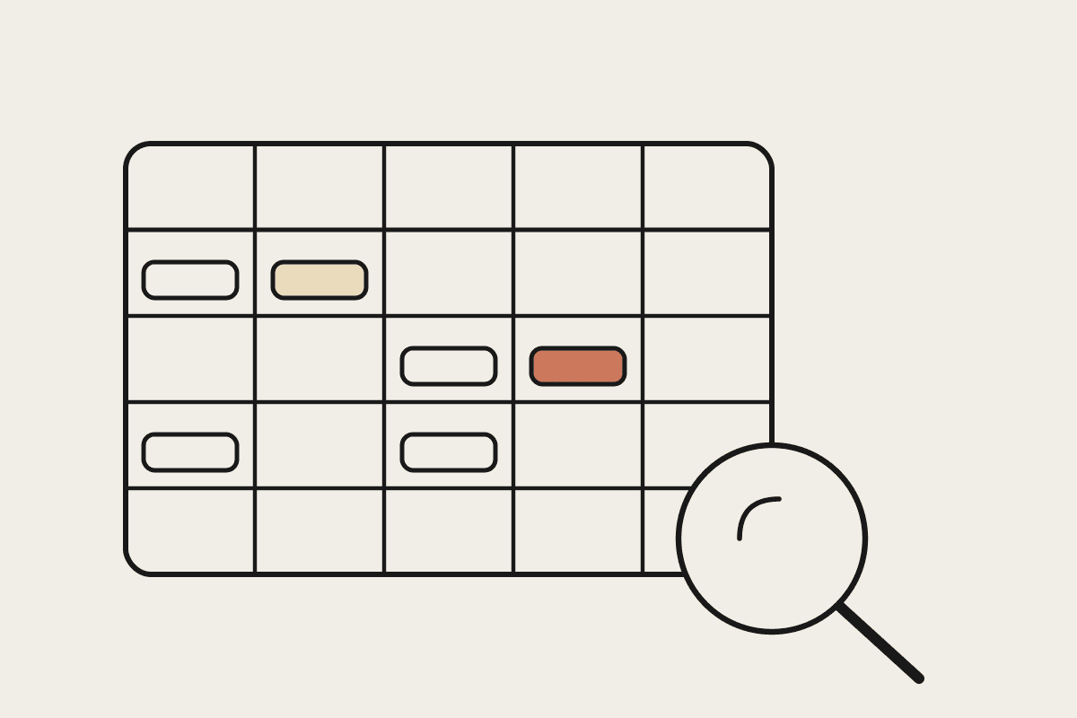 Notebook-style illustration of a weekly roster grid with one terracotta shift block under a magnifying glass