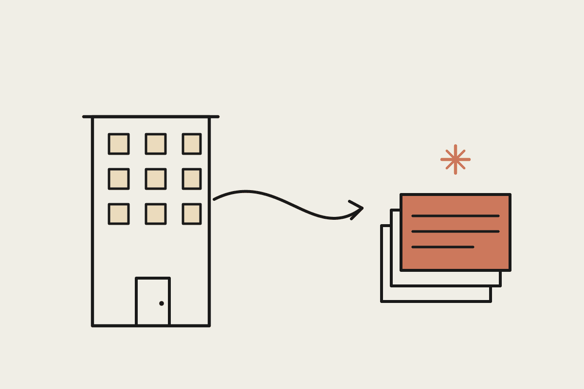 Notebook-style illustration of an apartment building feeding into a stack of drafted property management documents