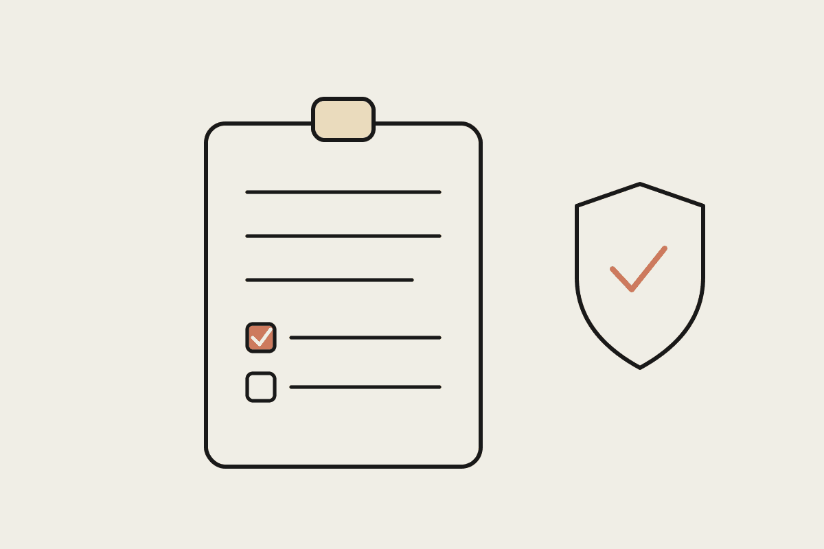 Notebook style illustration of an enrolment clipboard with a checklist beside a compliance shield