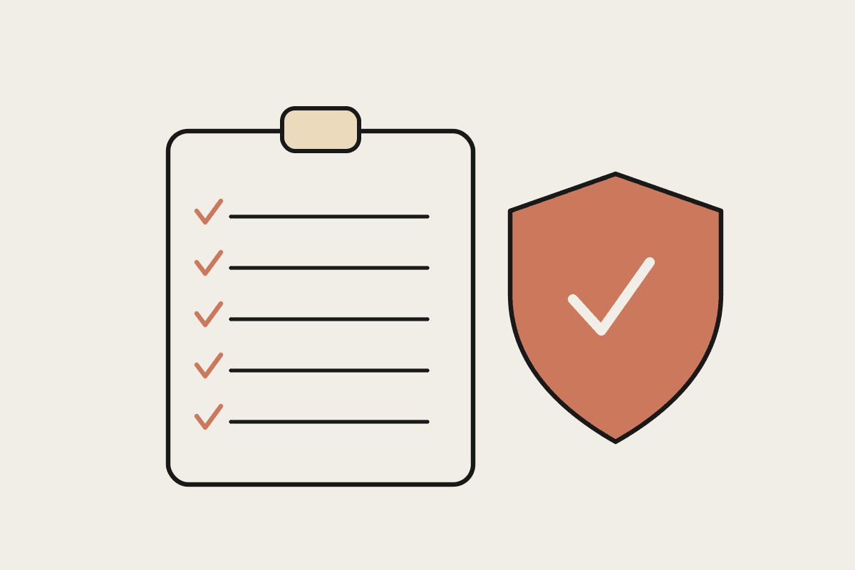 Notebook-style illustration of an infection control register clipboard with ticked entries beside a protective shield