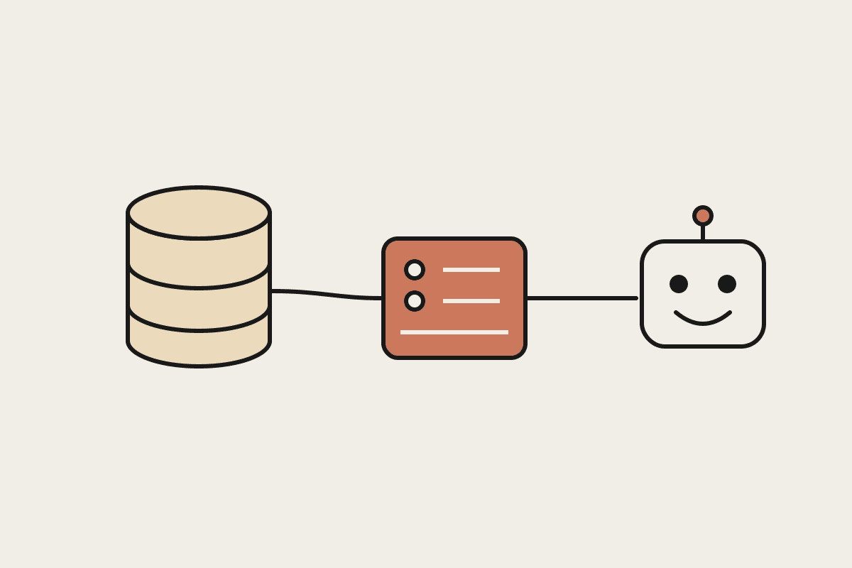 Notebook-style illustration of an internal API database linked through a terracotta MCP server box to a friendly Claude assistant.