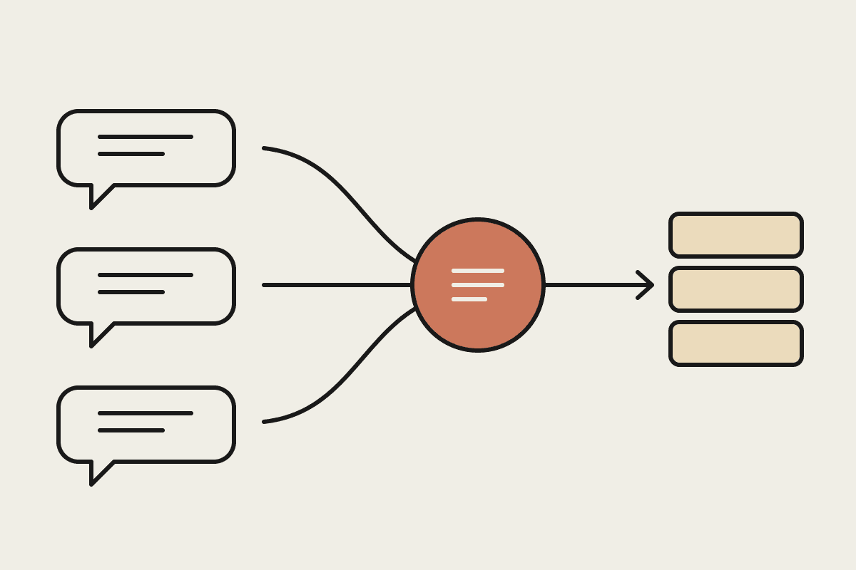 Notebook-style illustration of incoming customer messages being sorted by an automation hub into organised tickets.