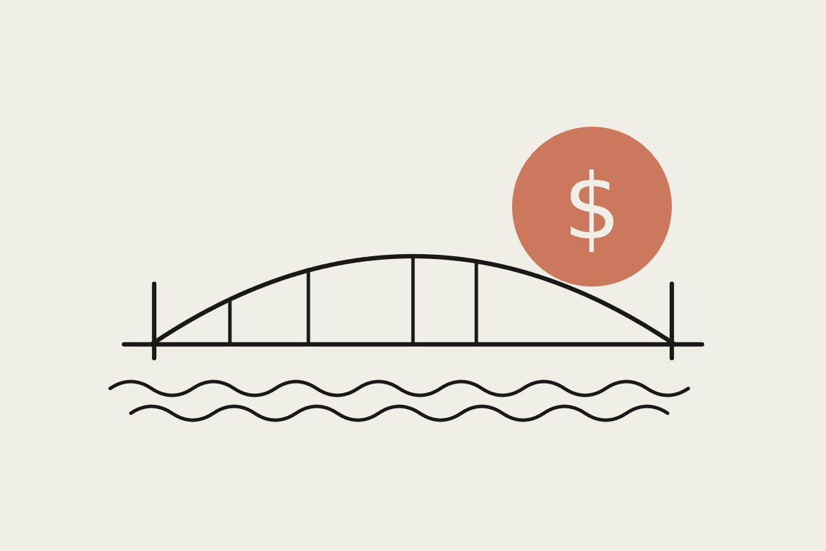 Notebook-style illustration of the Sydney Harbour Bridge arch beside a terracotta dollar coin, representing the cost of AI automation in Sydney