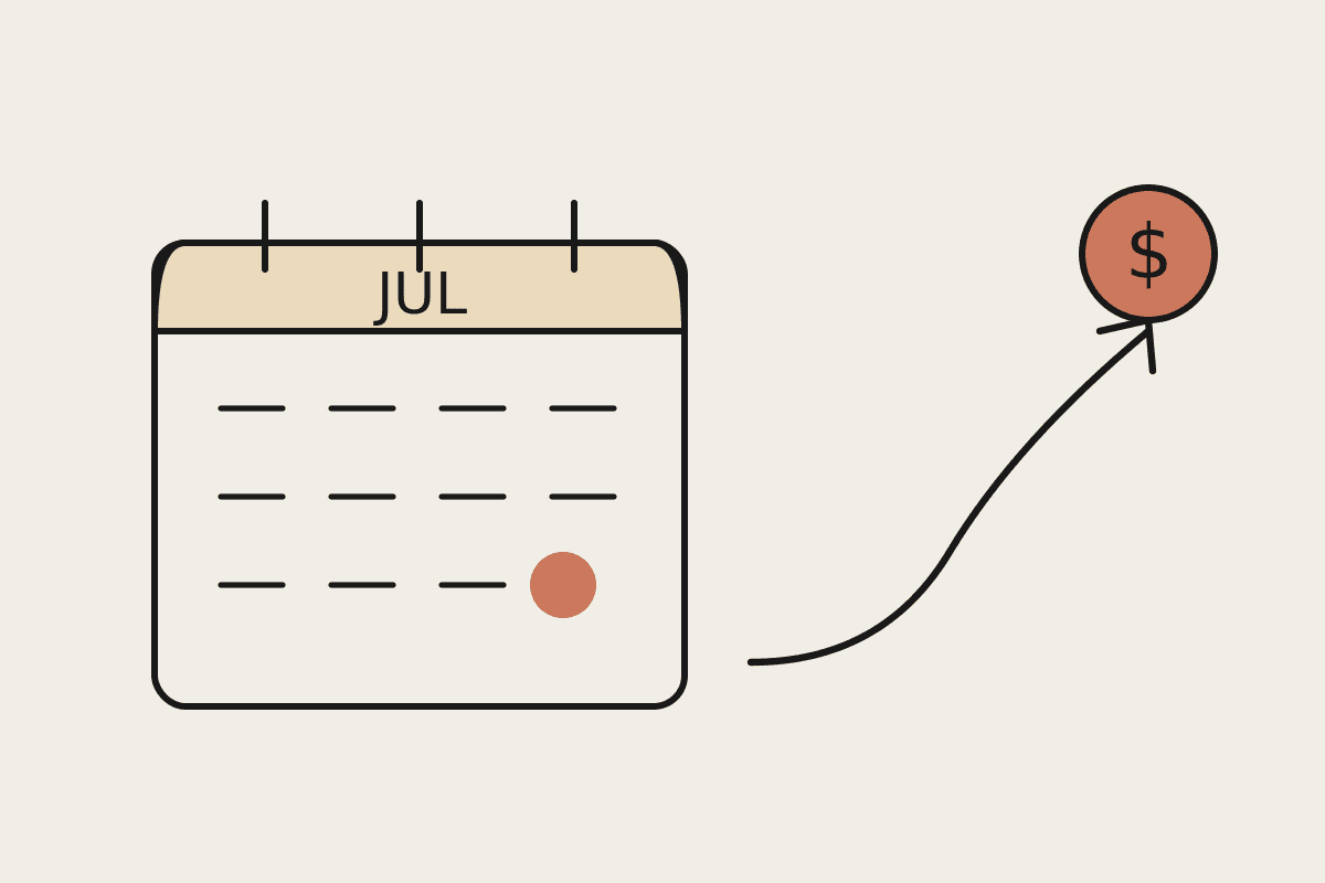 Notebook-style July calendar with the first of the month marked and a rising arrow to a dollar coin