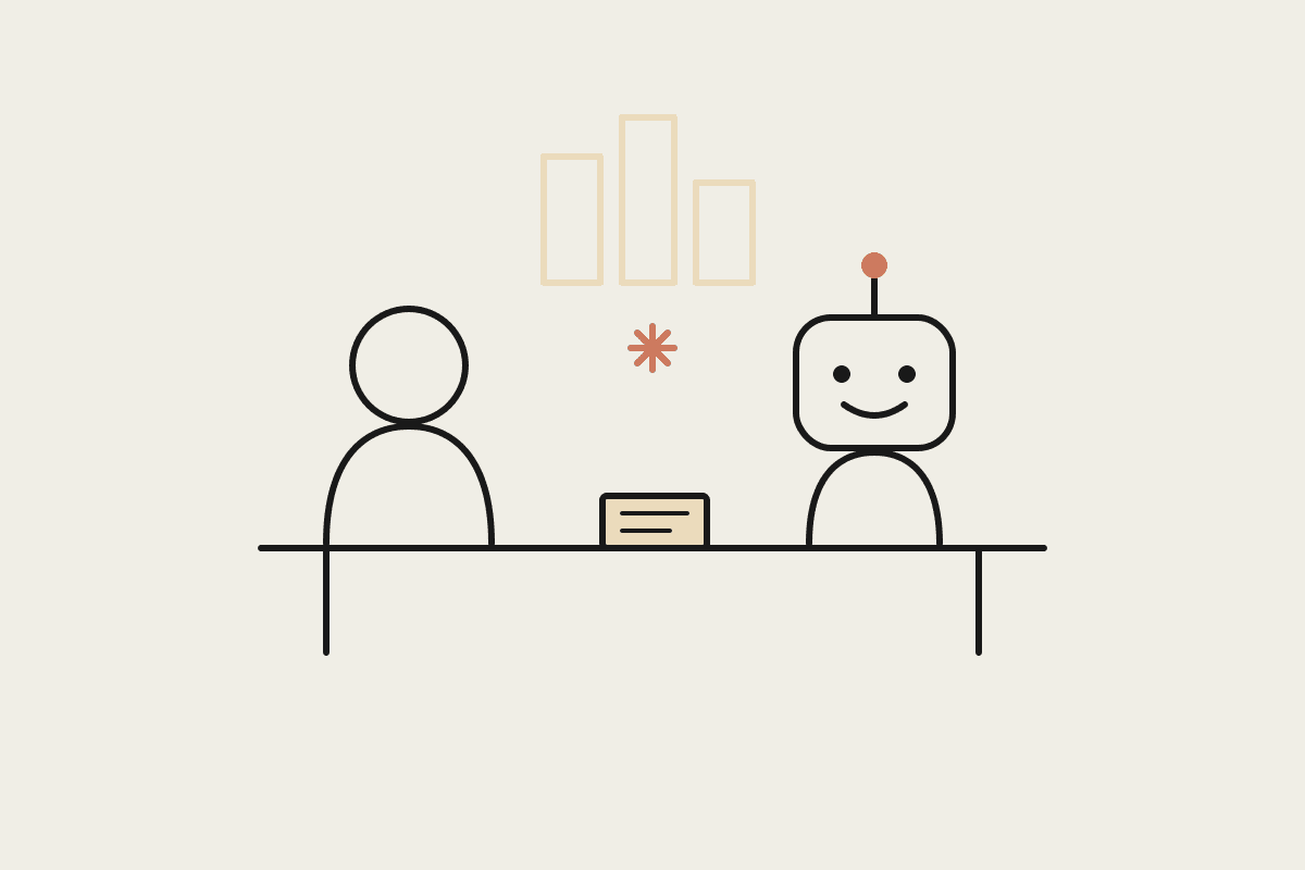 Notebook-style line drawing of a consultant and the Claude assistant working together at a desk with a small Melbourne skyline behind them