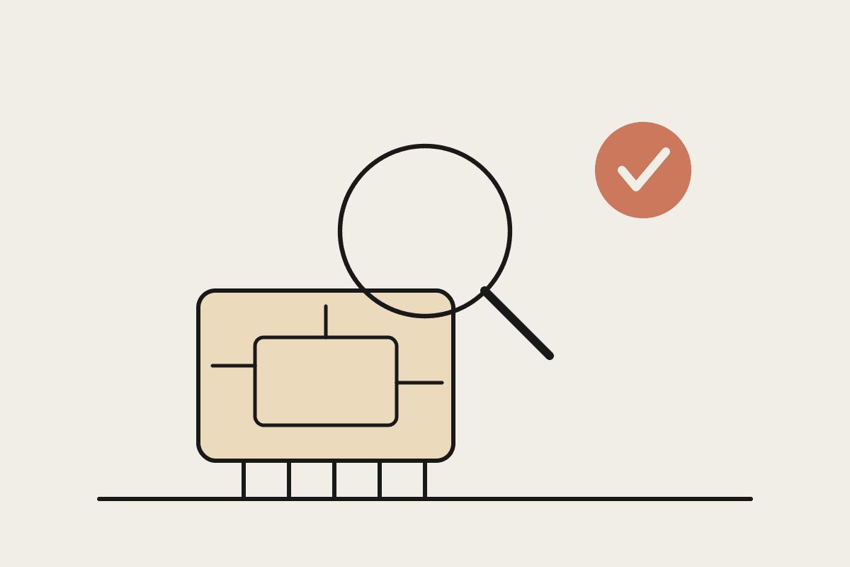 Notebook-style line drawing of a magnifying glass inspecting a microchip on a workbench, with a terracotta verified badge showing a flaw caught early during design verification.