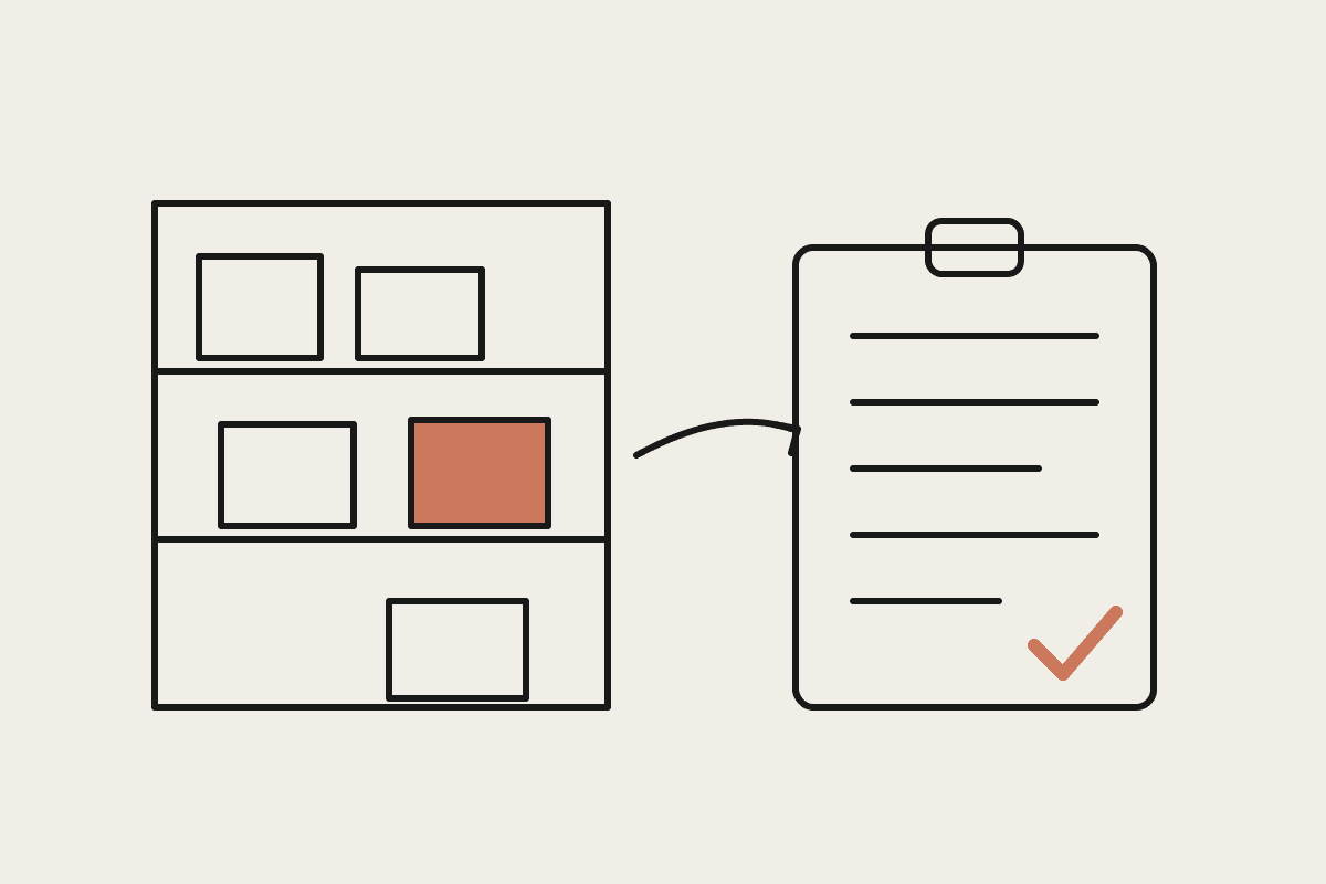 Notebook-style line drawing of a trade supply warehouse shelf with boxes, one highlighted in terracotta, beside a clipboard quote with a tick.
