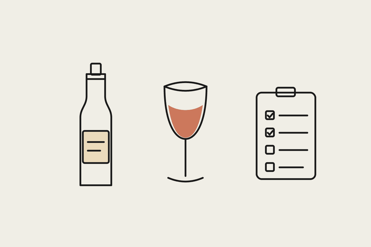 Notebook-style line drawing of a wine bottle, a filled wine glass and a compliance checklist.