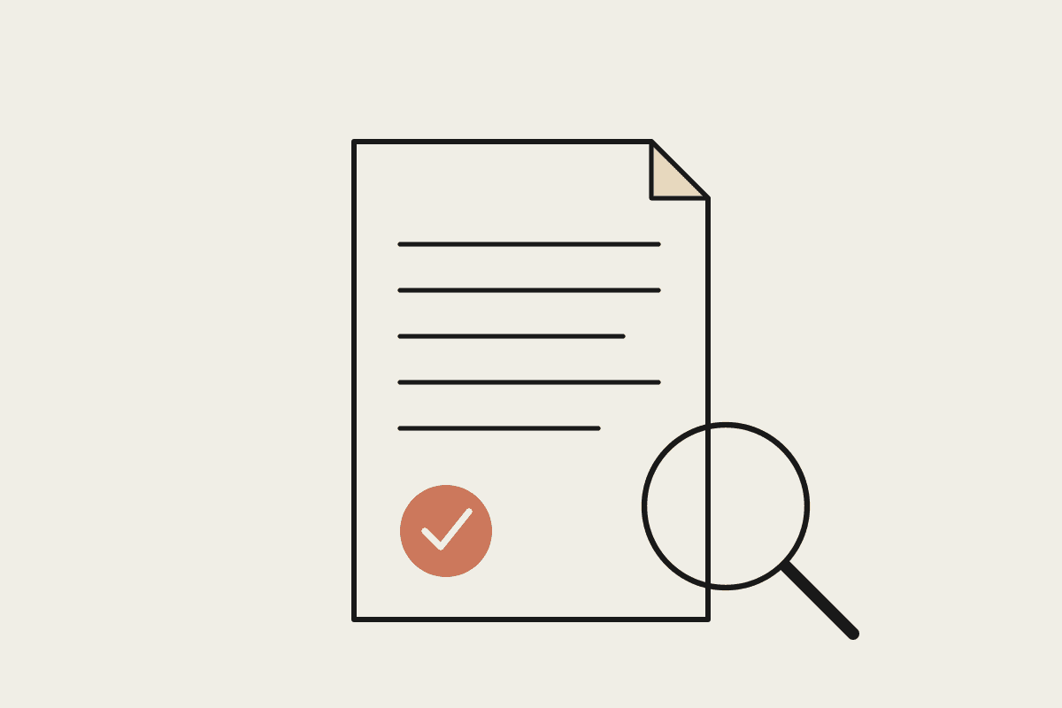 Notebook-style line illustration of a Statement of Advice document with an approval seal, examined under a magnifying glass.