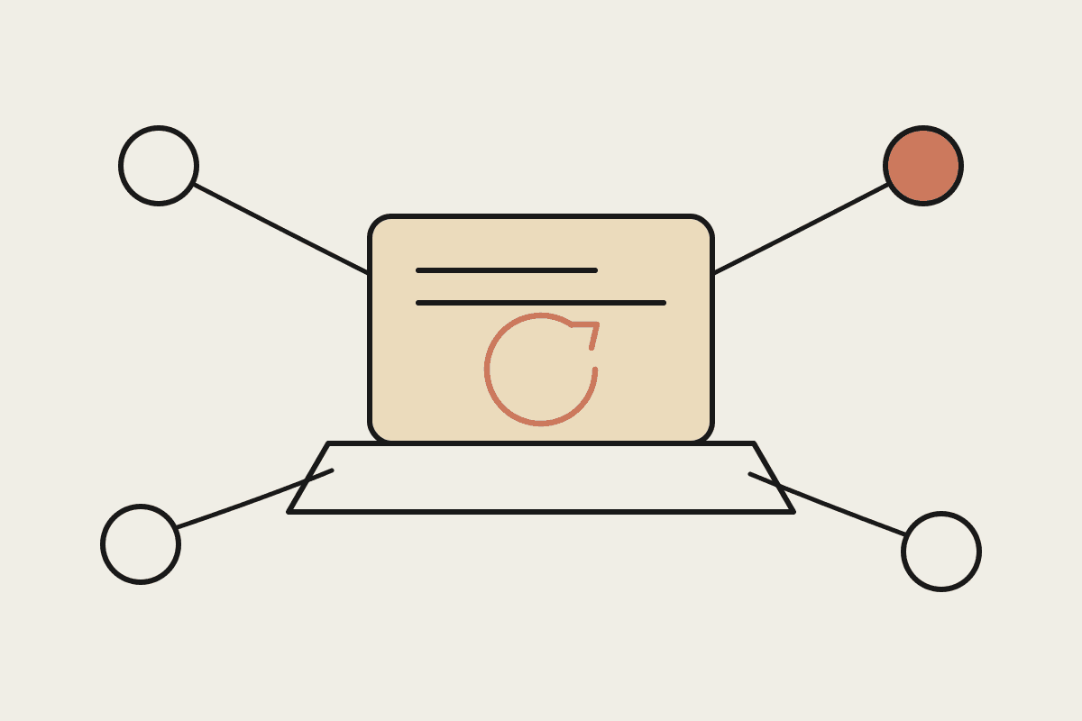 Notebook-style sketch of a laptop running an automation loop, linked to four connected app icons.