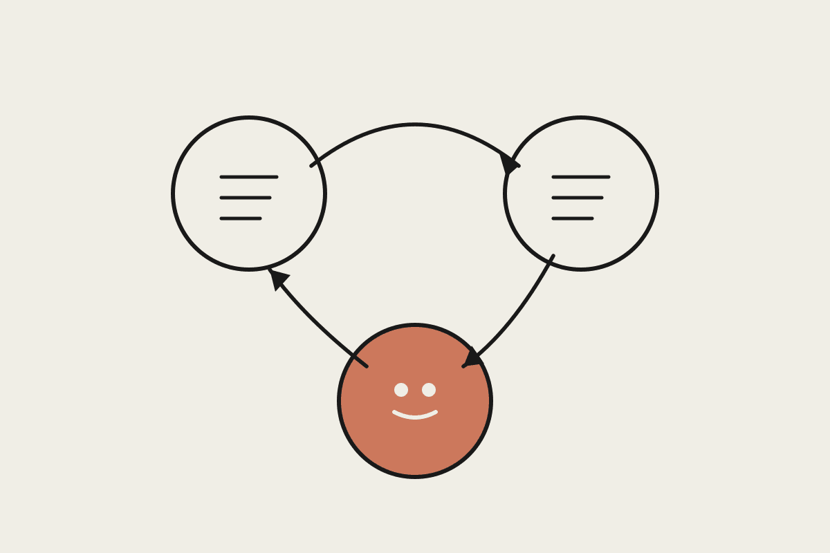 Notebook-style sketch of three linked circles forming a workflow loop, representing intake, review and billing, with the final step filled in terracotta.