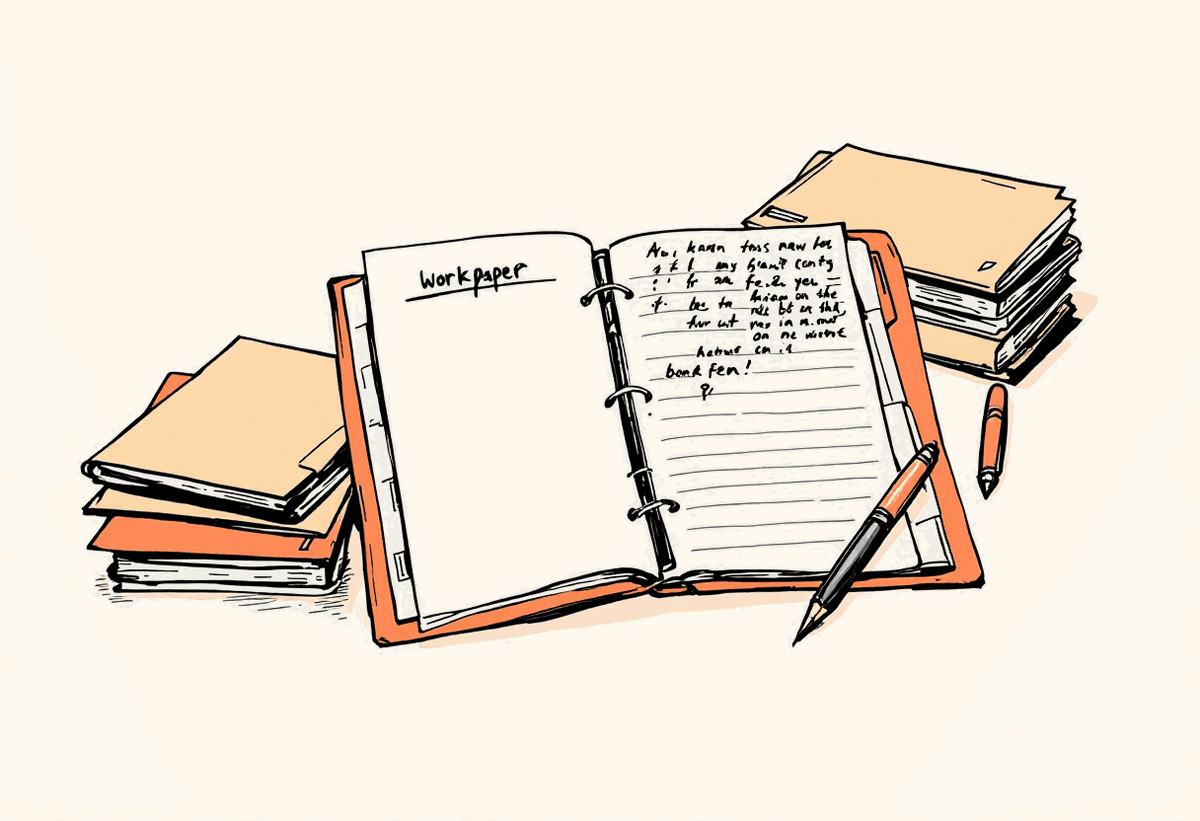 Open audit workpaper binder with handwritten annotations and tabbed dividers