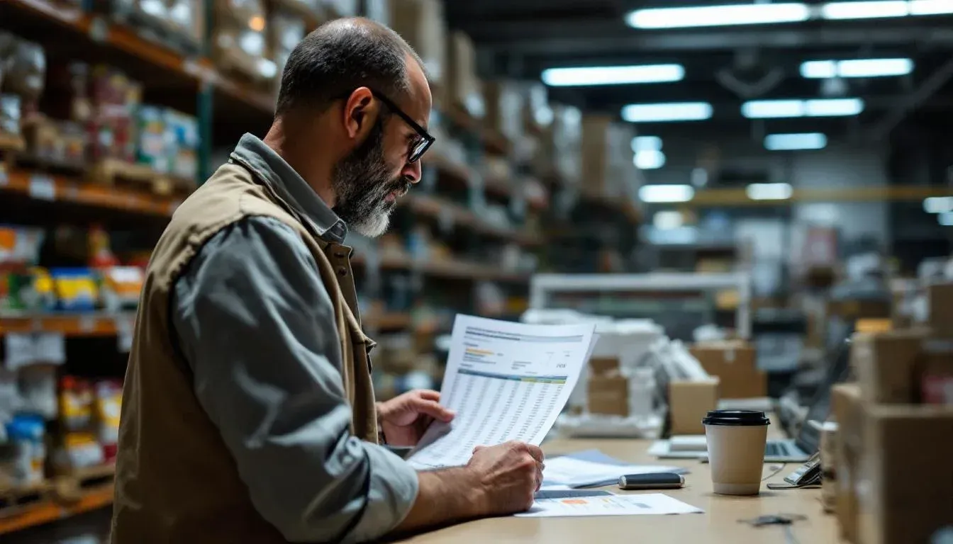 Category manager reviewing a printed demand forecast report at a standing desk in a grocery distribution centre