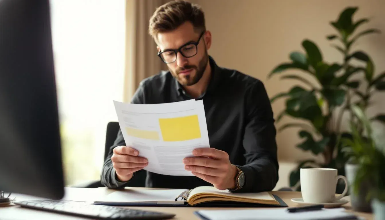 Compliance analyst reviewing a highlighted printed document with a coffee mug and open ring binder on a desk
