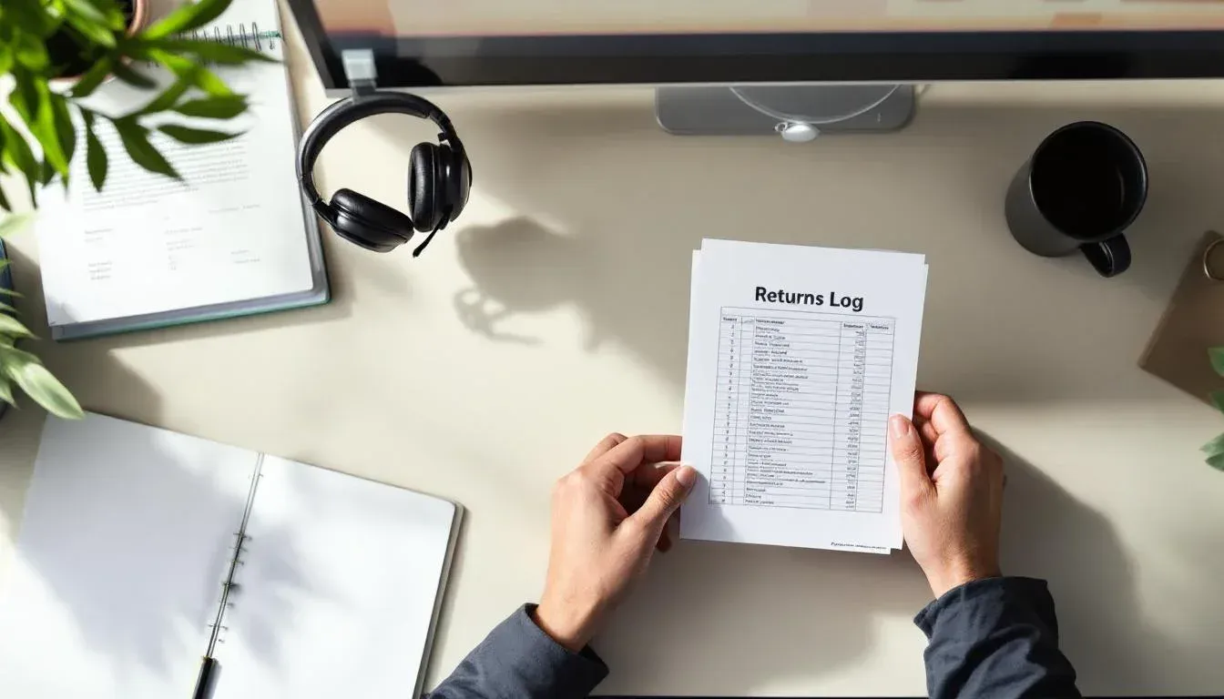 Customer service manager reviewing printed returns paperwork at a back-office desk in a Melbourne retail operation