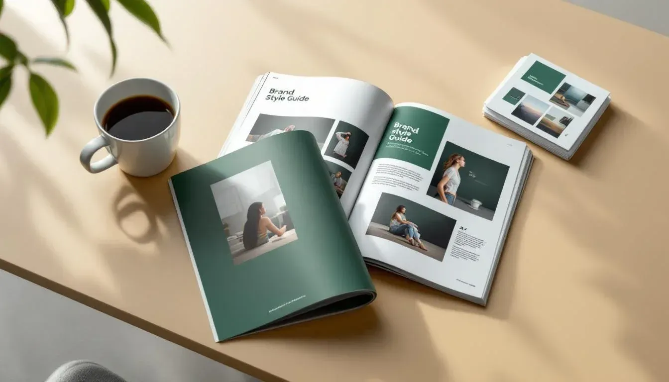 Over-the-shoulder view of a desk with an open brand style guide, a stack of printed marketing images, and a coffee cup in a Melbourne office