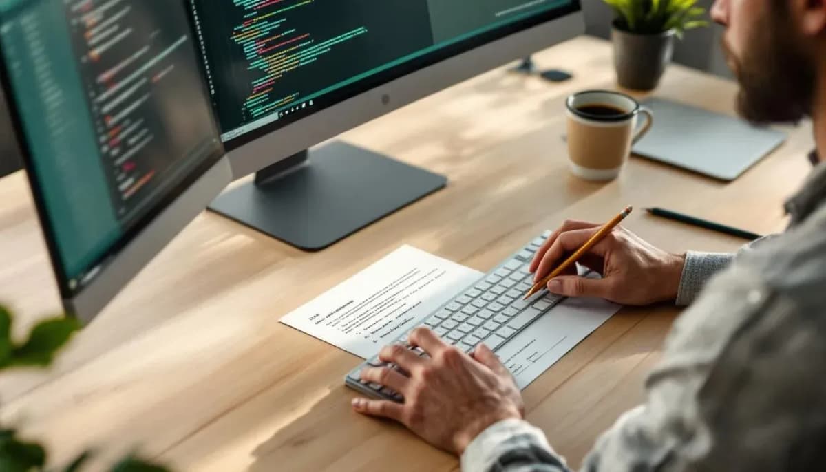 Developer reviewing a printed document with handwritten notes at a Sydney co-working space desk
