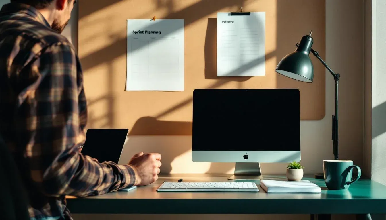 Developer at a standing desk in a Sydney co-working space with a printed sprint planning sheet pinned to a corkboard and a coffee mug beside a notebook
