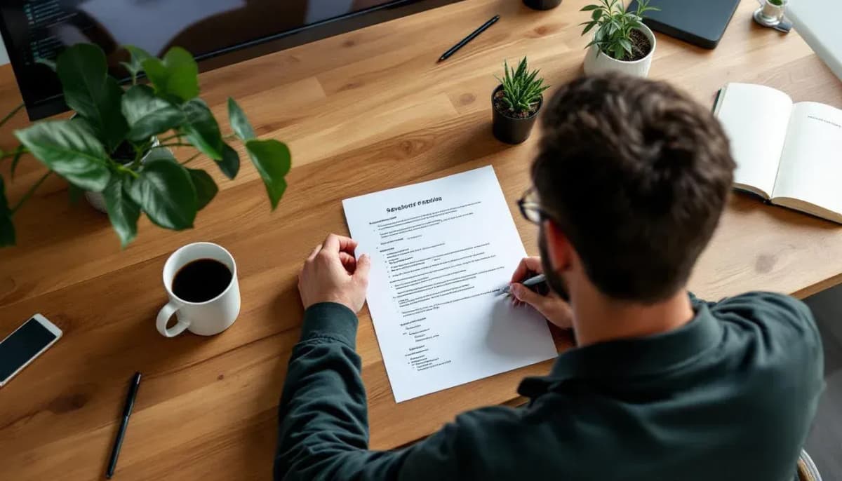 Developer reviewing a printed plan document at a desk in a Melbourne office